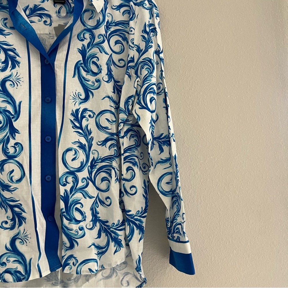 Investment Linen Button Down Shirt Blue White Scroll Print NWT Size L - Picture 6 of 8